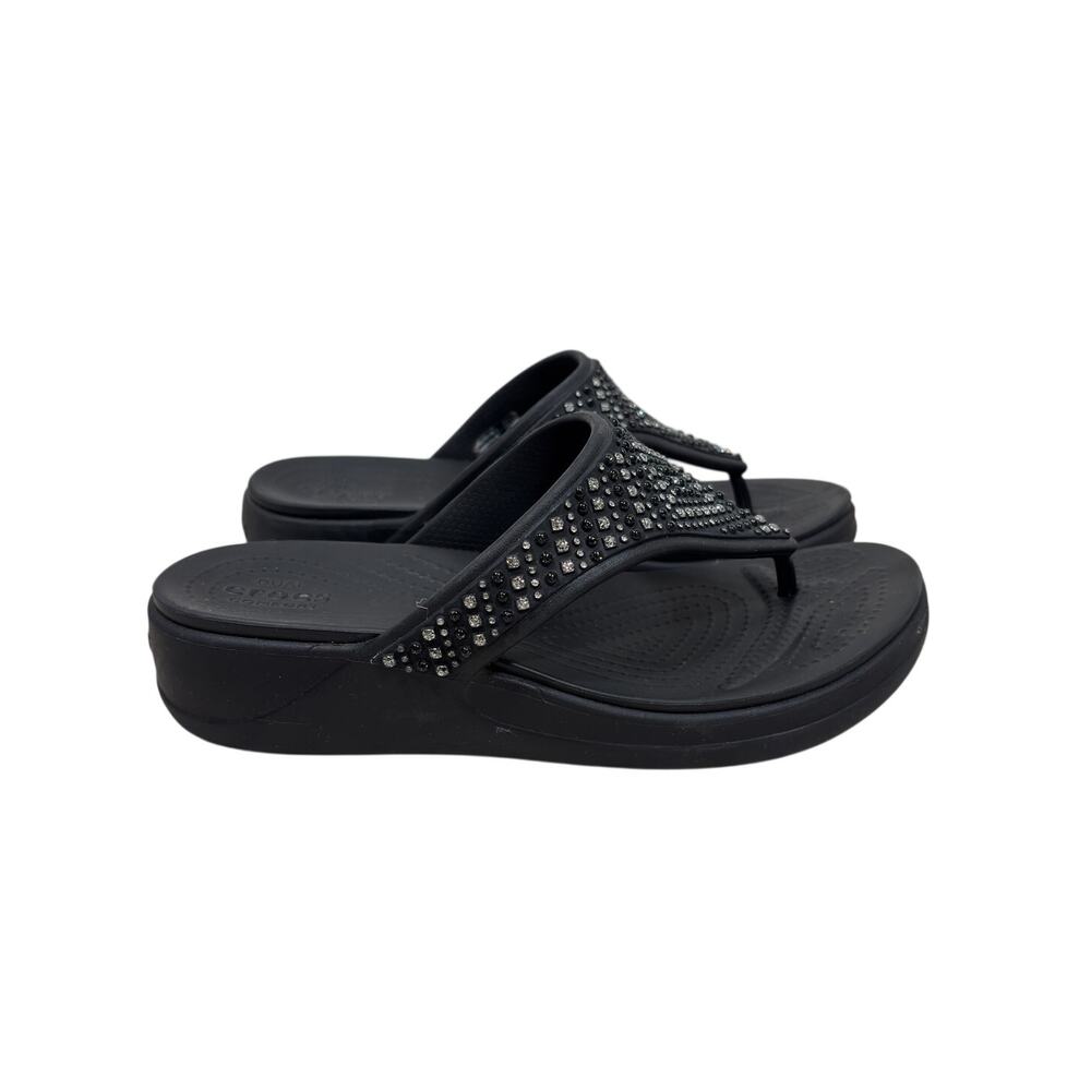 Crocs Wedge Flip Flop Sandals Womens 7 Black Monterey Shimmer Rhinestone Straps